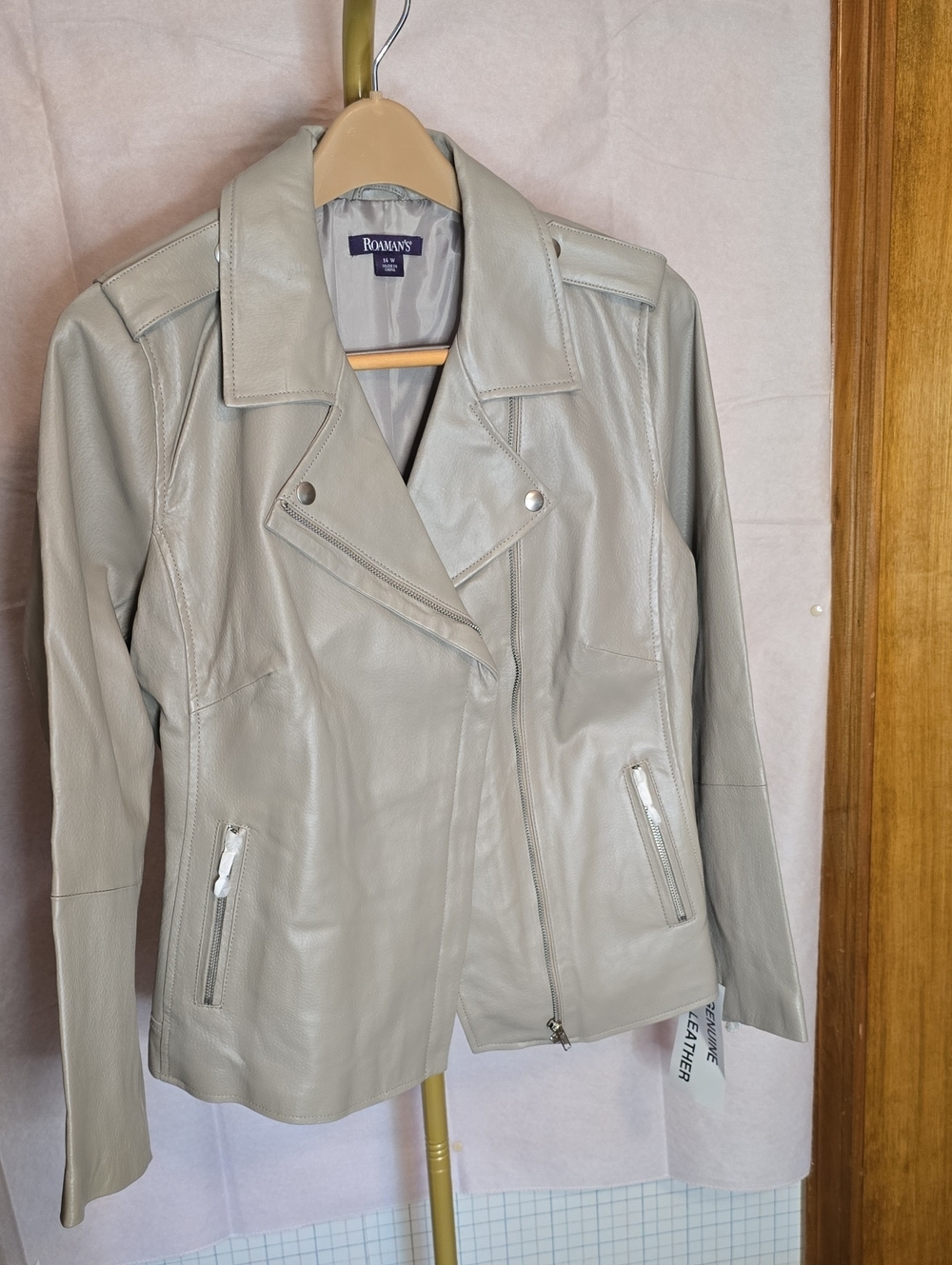 Roaman's Light Gray Leather Moto Jacket